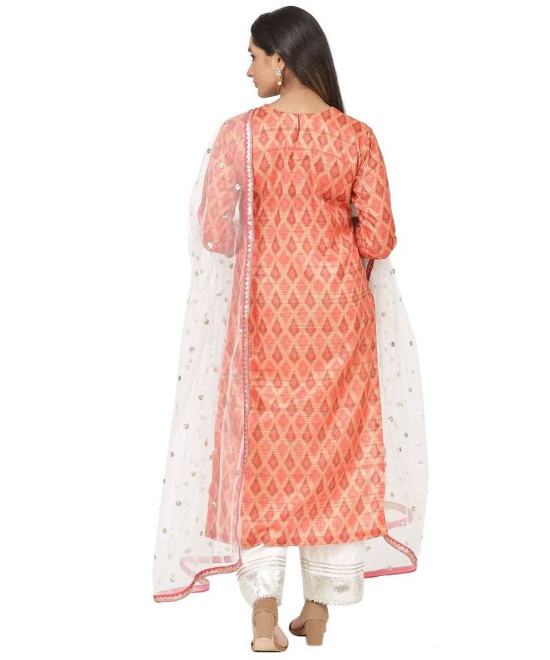 Orange Silk Ikkat Gotta Straight Kurti with Straight Gotta Palazzo and Net Sequence Dupatta