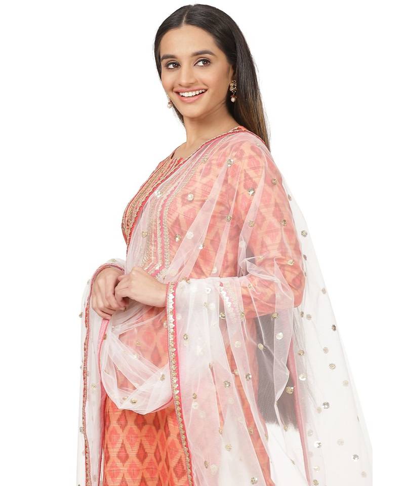 Orange Silk Ikkat Gotta Straight Kurti with Straight Gotta Palazzo and Net Sequence Dupatta