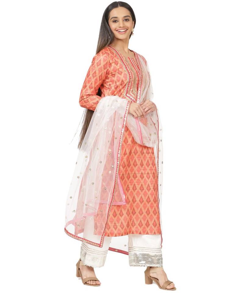 Orange Silk Ikkat Gotta Straight Kurti with Straight Gotta Palazzo and Net Sequence Dupatta