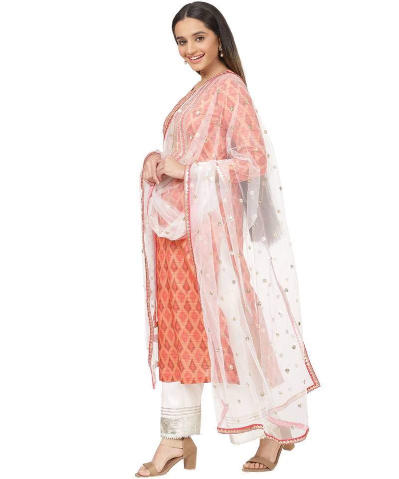 Orange Silk Ikkat Gotta Straight Kurti with Straight Gotta Palazzo and Net Sequence Dupatta