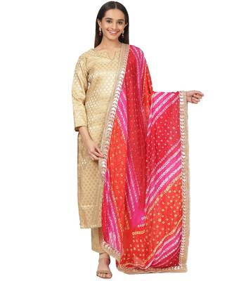 Gold Brocade Straight Kurti with Straight Pants and Bandhani Dupatta 1