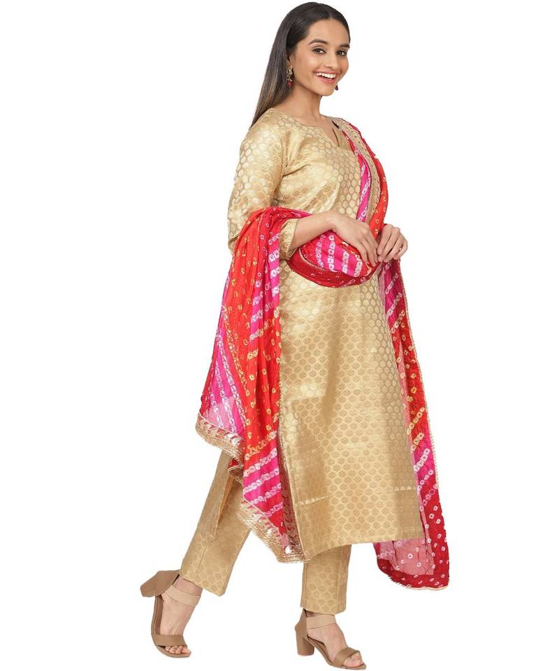 Gold Brocade Straight Kurti with Straight Pants and Bandhani Dupatta