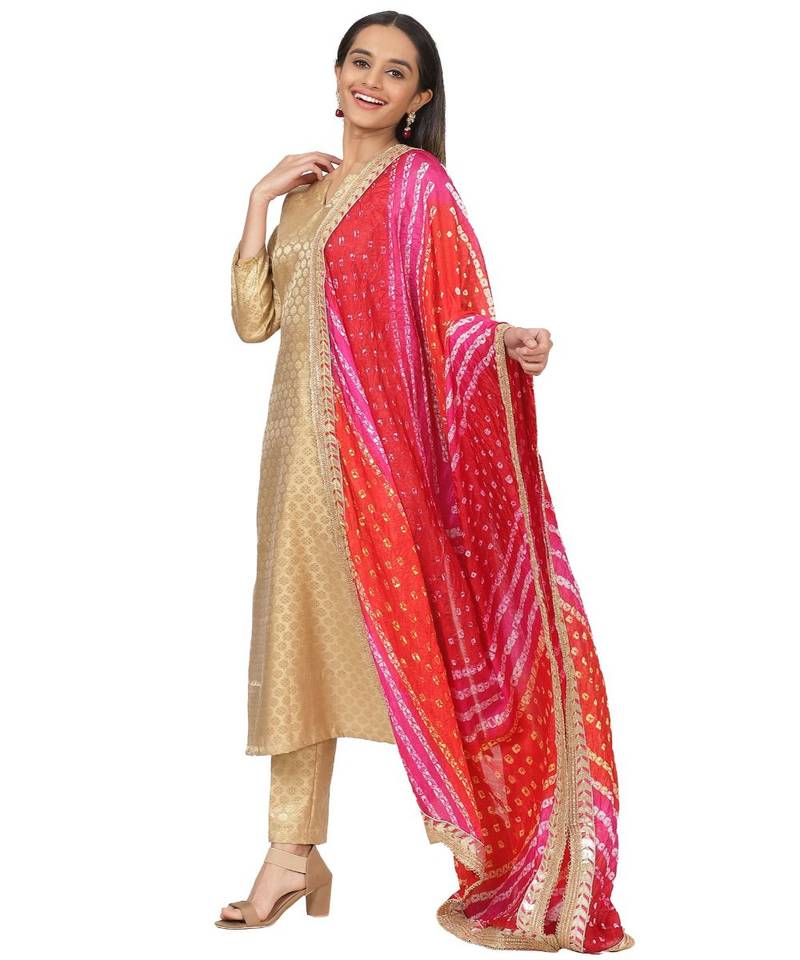 Gold Brocade Straight Kurti with Straight Pants and Bandhani Dupatta
