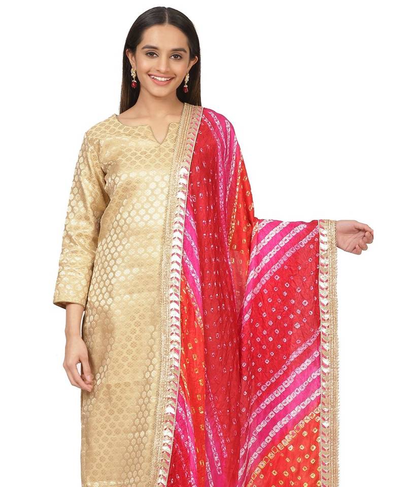 Gold Brocade Straight Kurti with Straight Pants and Bandhani Dupatta