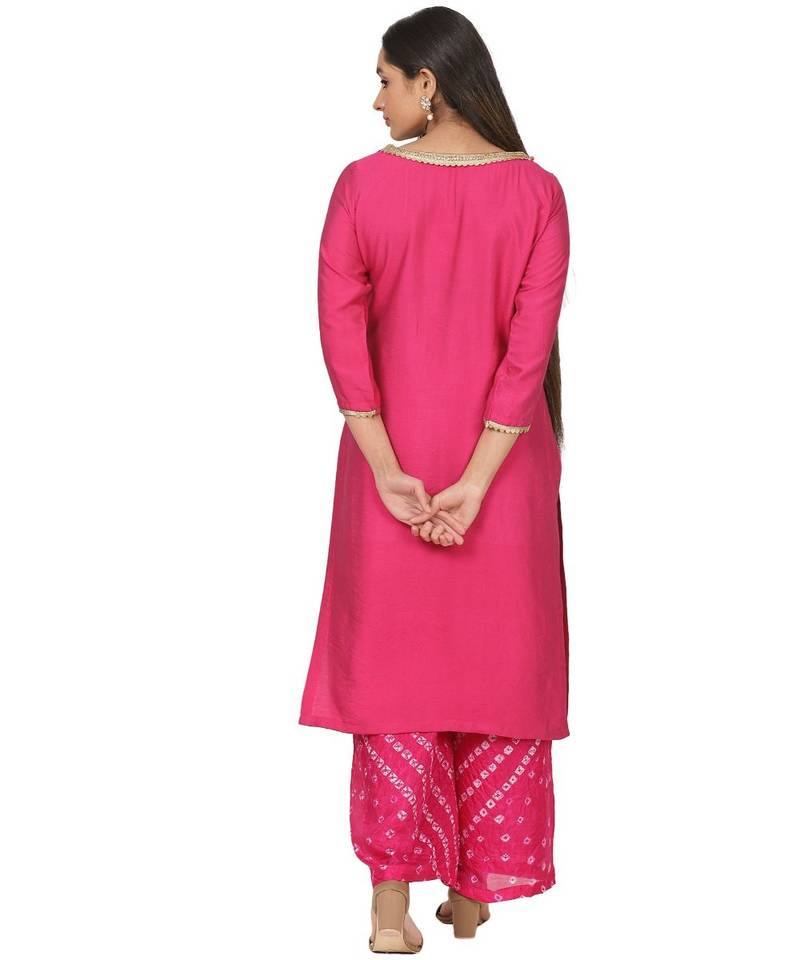 Pretty Pink Straight Kurti with Bandhani Palazzo