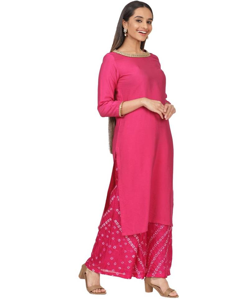 Pretty Pink Straight Kurti with Bandhani Palazzo