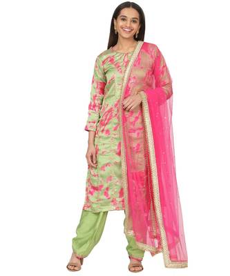Neon Green Pink Printed Embroidered Kurti with Gotta Salwaar and Hot Pink Net Stone Dupatta 1