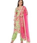 Neon Green Pink Printed Embroidered Kurti with Gotta Salwaar and Hot Pink Net Stone Dupatta