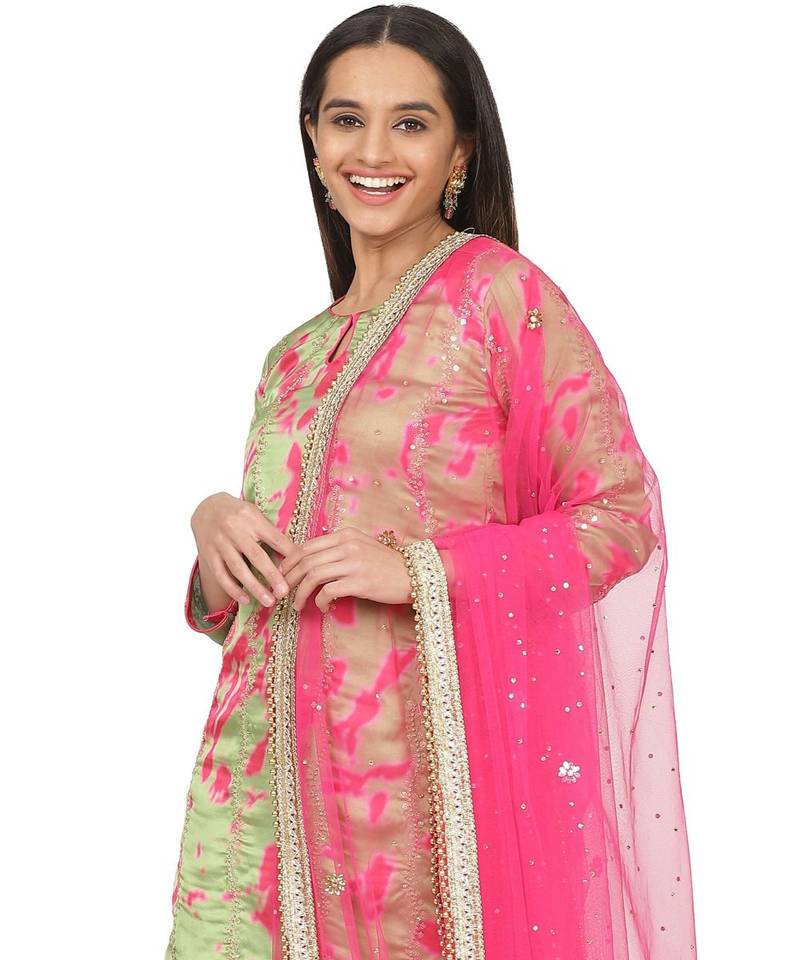 Neon Green Pink Printed Embroidered Kurti with Gotta Salwaar and Hot Pink Net Stone Dupatta