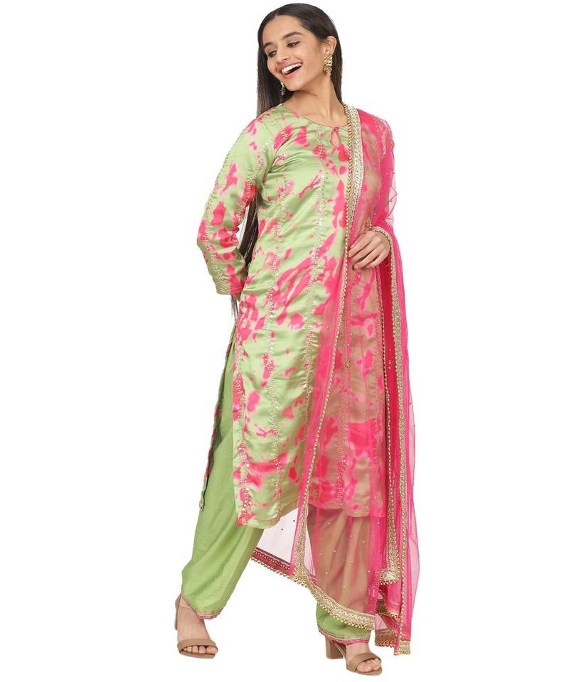 Neon Green Pink Printed Embroidered Kurti with Gotta Salwaar and Hot Pink Net Stone Dupatta