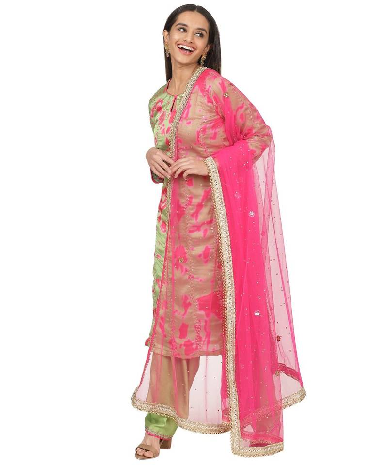 Neon Green Pink Printed Embroidered Kurti with Gotta Salwaar and Hot Pink Net Stone Dupatta