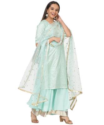 Mint Green Love Short Kurti with Gota Sharara and Jhilmil Net Dupatta 4