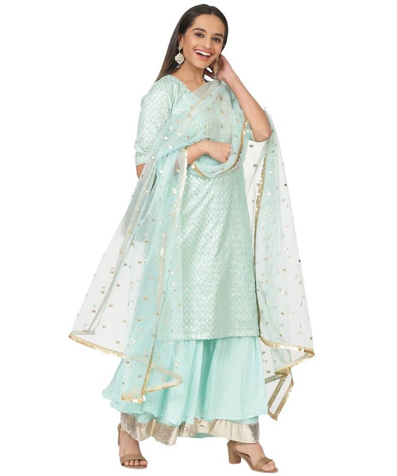 Mint Green Love Short Kurti with Gota Sharara and Jhilmil Net Dupatta