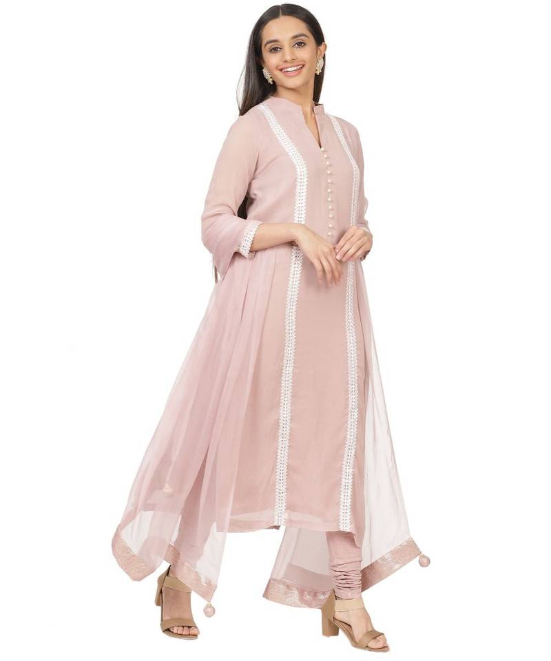 Mauve Pearl Georgette Straight Kurti with Churidaar and Chiffon Dupatta