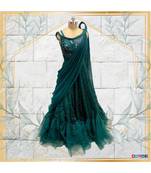 Draped saree look green gown with shimmers and embroidery