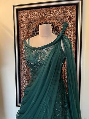 Draped saree look green gown with shimmers and embroidery 2