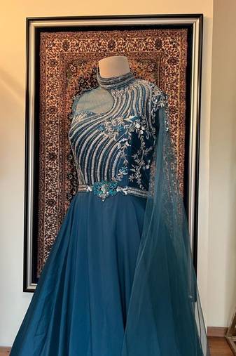 Statement one shoulder embroidered blue gown