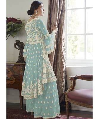 Sky Blue Net Pakistani Salwar Kameez 2