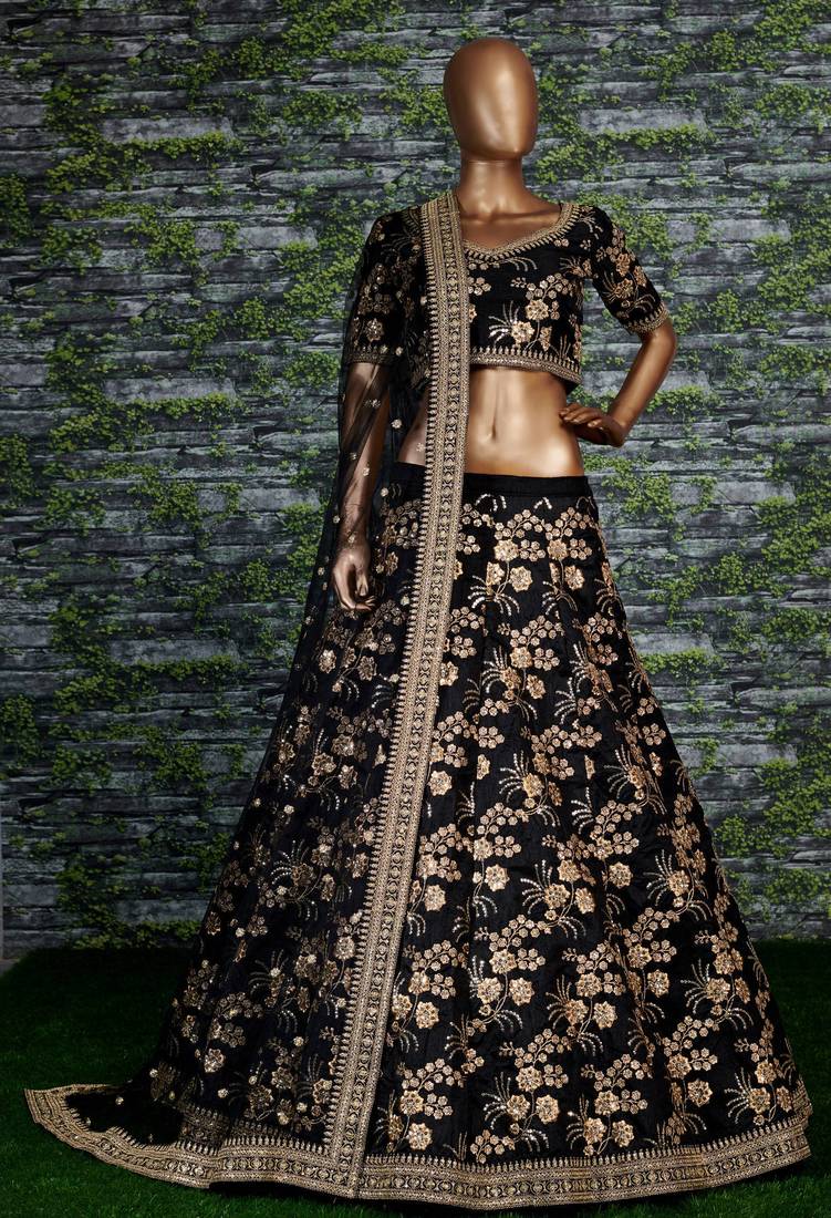 Attractive Black Dori, Zari, and Sequins Embroidered Thai Silk designer lehenga choli designs
