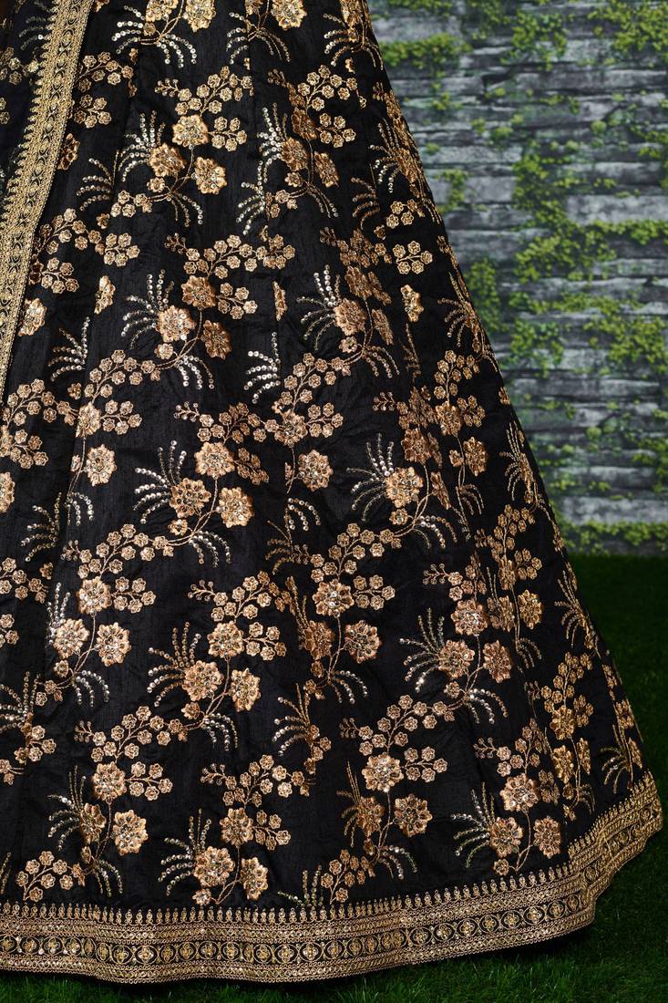 Attractive Black Dori, Zari, and Sequins Embroidered Thai Silk designer lehenga choli designs