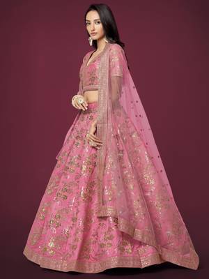 Pink Silk Sequins And Thread Embroidered Lehenga Choli Set 3