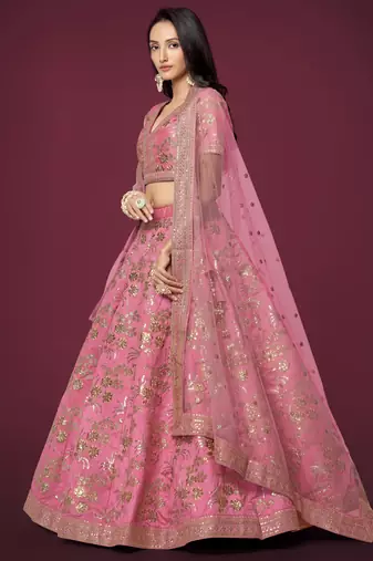 Pink Silk Sequins And Thread Embroidered Lehenga Choli Set