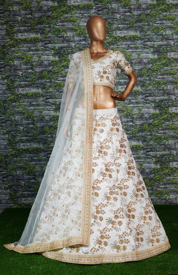 Delightful White Dori, Zari, and Sequins Embroidered Thai Silk indian designer lehenga choli designs
