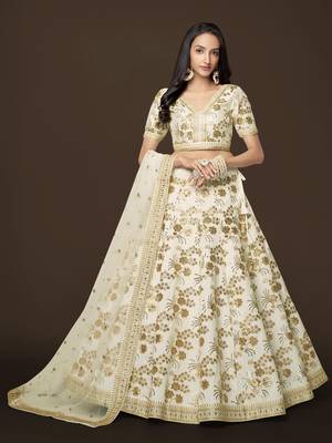  White Dori Zari And Sequins Embroidered Thai Silk Lehenga Choli Designs 1