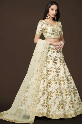  White Dori Zari And Sequins Embroidered Thai Silk Lehenga Choli Designs