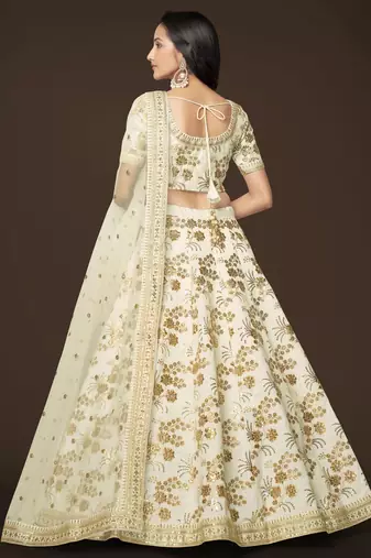 White Dori Zari And Sequins Embroidered Thai Silk Lehenga Choli Designs