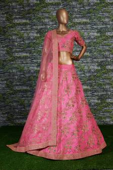 Mesmerizing Pink Dori, Zari, and Sequins Embroidered Thai Silk indian wedding lehenga dress