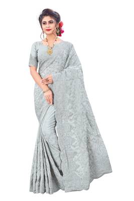 Grey plain chiffon saree with blouse 1