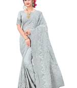 Grey plain chiffon saree with blouse