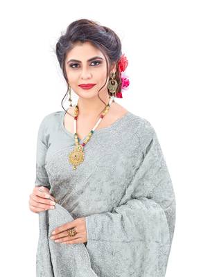 Grey plain chiffon saree with blouse 2