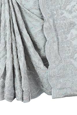 Grey plain chiffon saree with blouse 3