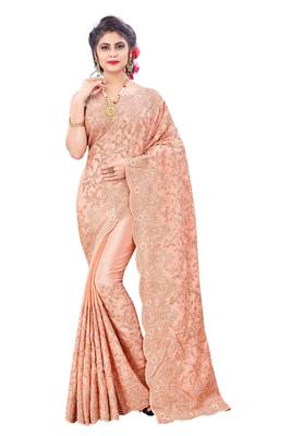 Peach plain chiffon saree with blouse 1