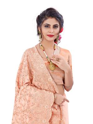 Peach plain chiffon saree with blouse 2
