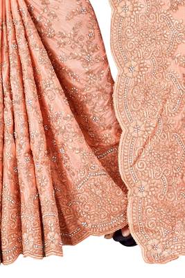 Peach plain chiffon saree with blouse 3