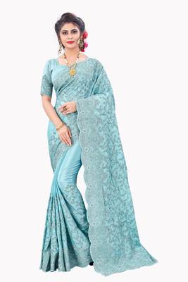 Sky blue plain chiffon saree with blouse 1