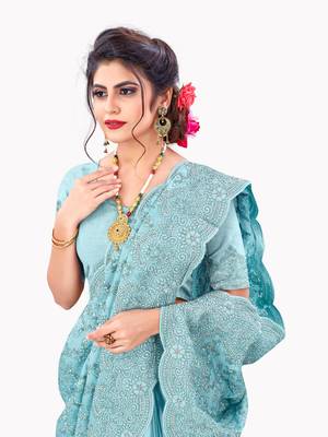 Sky blue plain chiffon saree with blouse 2