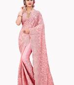 Pink plain chiffon saree with blouse