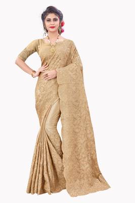 Beige plain chiffon saree with blouse 1