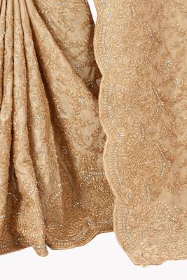 Beige plain chiffon saree with blouse 3