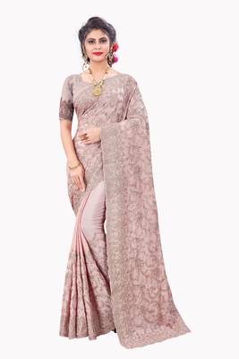 Pink plain chiffon saree with blouse 1