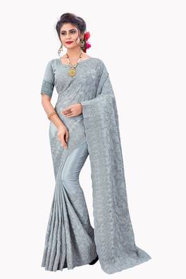 Grey plain chiffon saree with blouse 1