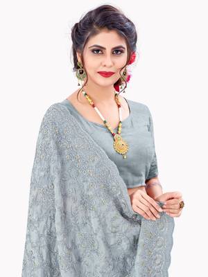 Grey plain chiffon saree with blouse 2
