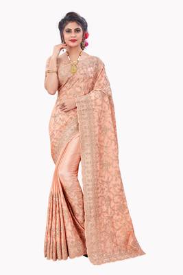 Peach plain chiffon saree with blouse 1