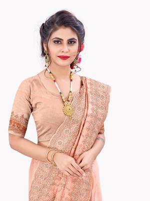 Peach plain chiffon saree with blouse 2