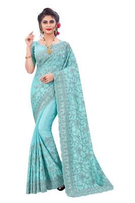 Sky blue plain chiffon saree with blouse 1