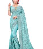 Sky blue plain chiffon saree with blouse